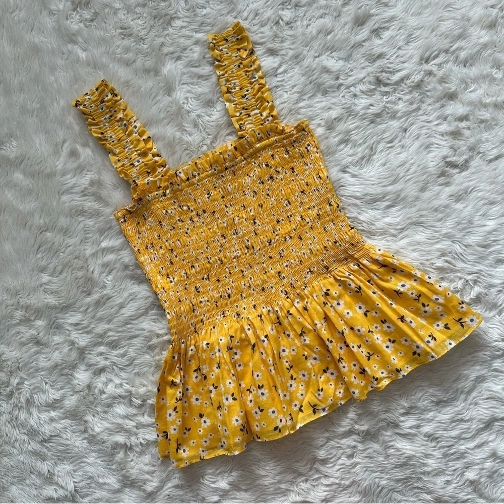 Kate Spade Tank Fleurette Toss Smocked Top 100% Cotton Floral Yellow XS